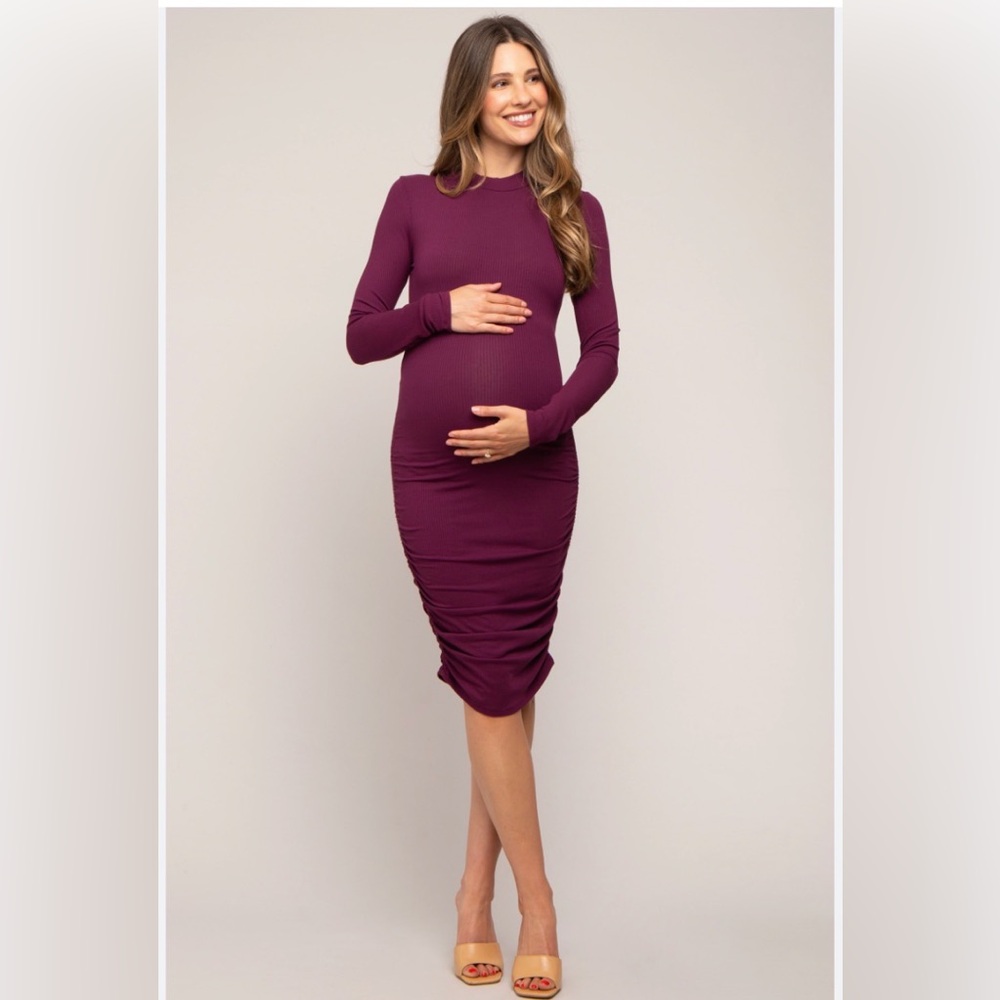 Popular 21 | Pink Blush Plum Ribbed Mock Neck Ruched Long Sleeve Maternity Dress
